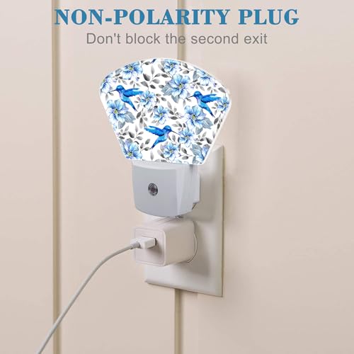 Image of Watercolor Blue Flowers and Hummingbirds Night Light for Kids Girls Boys, Blue Hummingbirds LED Night Light Plug into Wall with Dusk to Dawn Sensor for Room, Hallway, Kitchen, Bathroom, Stairs Decor