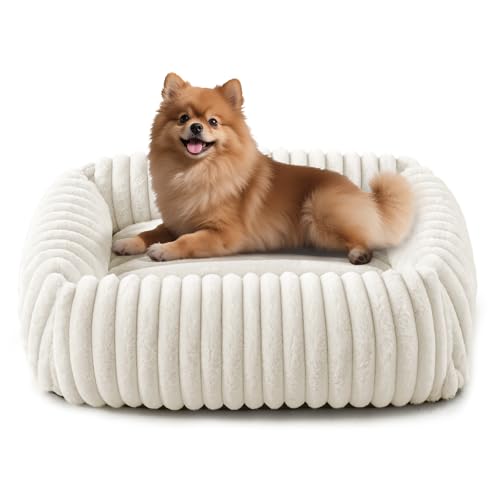 Image of FURTIME Dog Bed for Small Medium Dog, Washable Orthopedic Pet Bed with Removable Cover, Rectangle Soft Calming Sleeping Puppy Bed Durable Pet Cuddler with Anti-Slip Bottom, Cream, M (25 inchx21 inchx7 inch)