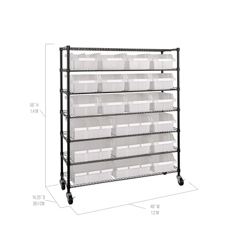 Image of 7-Tier NSF 21-Bin Steel Wire Shelving Rack, 48 inchW x 14 inchD x 56 inchH, Black | 21 slide-out bins with tilt-lock design keep supplies organized and accessible
