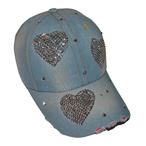 Popfizzy Rhinestone Heart Hat For Girls And Women, Heart Bling Hat, Bedazzled Love Baseball Caps, Distressed Denim Hat, Bejeweled Hat With Bling Hearts, Great Gift For Girls And Women #TOP3
