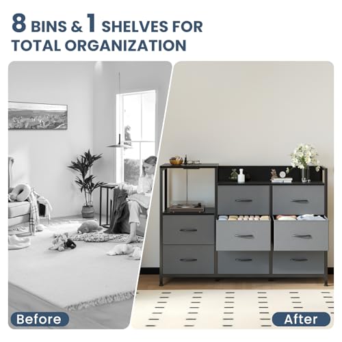 Image of DUMOS TV Stand Dresser with 8 Fabric Drawers & Open Shelves, TV Stand with Wooden Top, Entertainment Center with Charging Station for Living Room, Hallway, Grey