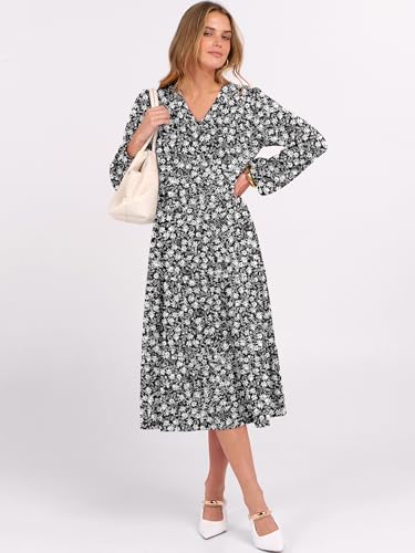 Image of ANRABESS Women's Long Lantern Sleeve Floral Midi Dresses 2026 Fall V Neck Casual Flowy A-line Tiered Boho Vacation Dress