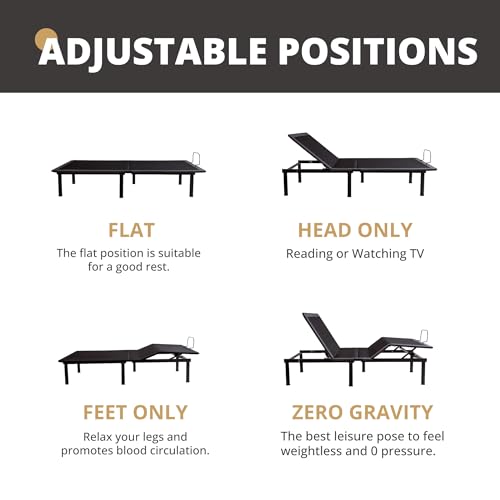 Image of EGOHOME Adjustable Bed Frame Queen for Pain Relief, Metal Folding Bed Base with Remote for Independent Head and Foot Incline, Zero Gravity, Anti Snore | 12 inch Removable Legs, Wireless Remote, Head and Foot Incline, Anti Snore, Zero Clerance Easy Assembly