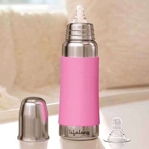 Image of Lifelong Stainless Steel Feeding Bottle 250 ML | Anti Colic with Silicone Sleeve | Food Grade SS304 Milk, Water Feeder Bottles for Newborn Baby with BPA Free Nipples | Leakproof, Durable Bottle (Pink)