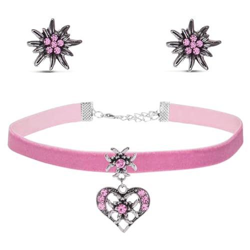 IKOPFLN Gioielli Bavaresi Tradizionali, Set Di 3 Stella Alpina Gioielli Oktoberfest, Parure Con Collana e Orecchini, Stella Alpina Collana Con Ciondolo a Cuore,Bigiotteria Vintage(Rosa)
