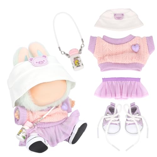 BOXOB Set Ropa Muñeca Peluche, 5uds Atuendo Kawaii Incluye Suéter, Falda Gasa Violeta, Sombrero, Botella Agua Pequeña y Zapatos Lona para Vestir Muñeca 15cm 17cm (Sin Muñecas)