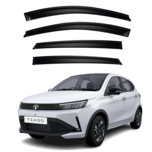 Image of Premium Smoke Car Door Visor Front+Rear Sun /Rain Guard Outside Mount Tape-On Window Visors Compatible with Tata Tiago (2026)