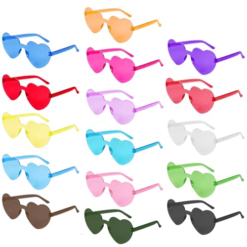 Bszatan 16 Pairs Heart Shaped Sunglasses Rimless Frameless Heart Glasses Bulk Transparent Candy Colour Glasses for Bachelorette Party Favours Photo Booth Props
