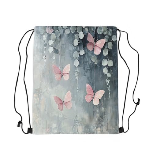 Erosebridal Oil Painting Draw String Back Bag,Rustic Aesthetics String Backpack,Butterfly Eucalyptus Drawstring Backpack 13X15.7,Wild Animal Plants Cinch Bag Waterproof3