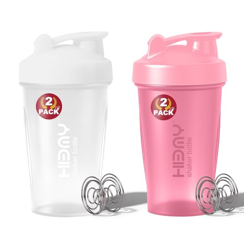 Hibmy [ 2 Pack 400 ml / 12 OZ Protein Shaker Bottles for Protein Mixes 2 x Whisk Ball | Shaker Cups for Protein Shakes | BPA Free 100% Leak Proof No Smell | Small Shake Bottle (D) White/Pink