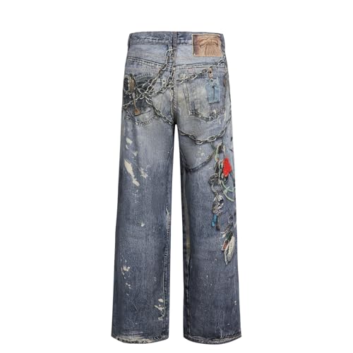 Mens 3D Digital Print High Waisted Straight Leg Casual Loose Denim Pants2