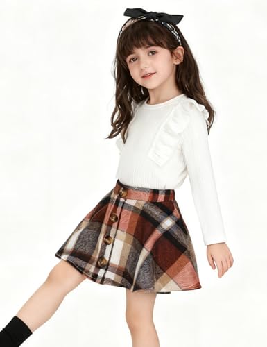 Image of AGQT Toddler Girls Fall Winter Clothes Long Sleeve Ribbed T-Shirt Knit Tops Plaid Button Mini A-line Skirts Set Outfits