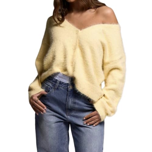 Image of Womens Fuzzy Sweaters Cardigan V-Neck Button Down Oversized Mohair Sweater Casual Y2k 2026 Fall Winter