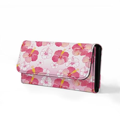 Image of AFPANQZ Tropical Pink Flower Womens Leather Wallets Large Capacity Card Holder Zipper Travel Purse, Phone Holder Coin Zip Pocket Multi Cards