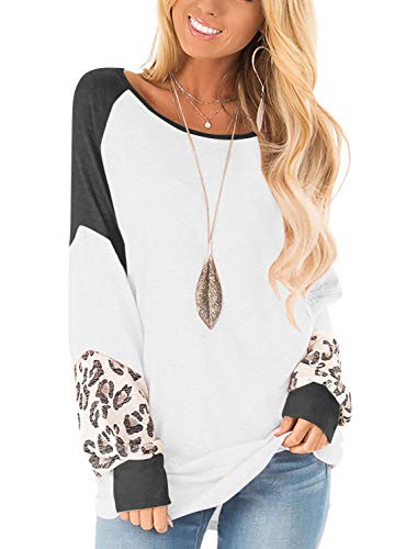 PRETTODAY Women's Leopard Print Color Block Tunics Long Sleeve Casual Black Sweatshirts Loose Tops