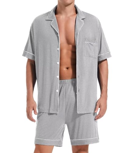 Men Pajamas Set Short Sleeve Sleepwear Button Down Loungewear 2 PCS Modal Sets with Pockets - Main Image