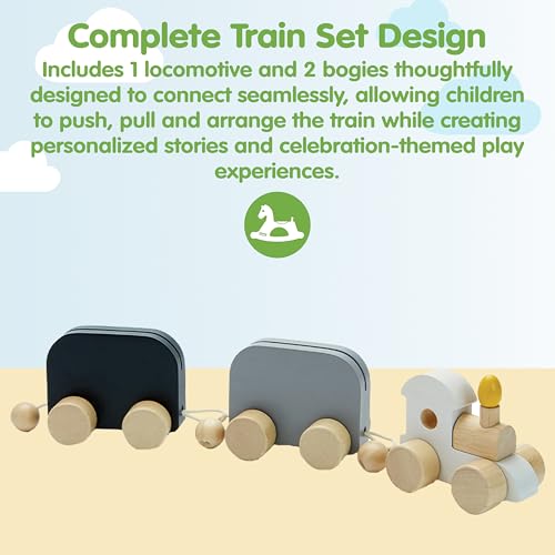 Image of PlanToys Celebration Wooden Train Set with Photo Slot & Chalkboard 3-Piece | customizable keepsake, pull along toy, rubberwood build, wooden train, kids, girls, boys, birthday gift idea preschool