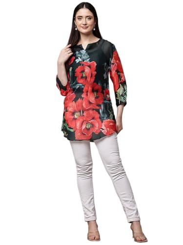 Image of Women's Pink Printed Short Kurti with Lace Trim, 3 /4 Sleeves, Ethnic Indian Style Top