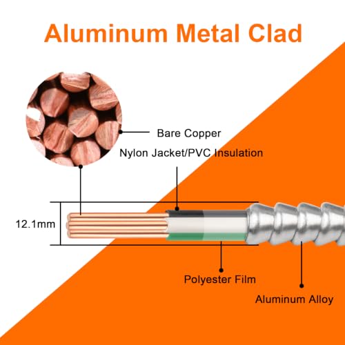 Image of 15FT 12 /2 Metal Clad (MC) Cable with Ground, 12 Gauge Electric Wire with Aluminum Armor, Solid Bare Copper Conductors for Indoor Outdoor Underground Embedded Installation (12 /2, 15 ft)