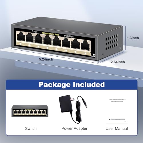 Image of 8-Port Full Gigabit Easy Web Managed Ethernet Switch, Web or App Managed, VLAN /QoS /IGMP /LAG /TELNET /CLI Supported, Home Office Network Hub, Desktop or Wall Mount Fanless Metal Casing