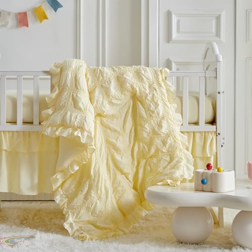 Image of Ruffled Mini Crib Bedding Set Baby Boho Quilted Comforter with Fitted Sheet and Bed Skirt - Cute Soft Breathable Seersucker Shabby Bedding Soft Blanket Only for Mini Crib - Yellow