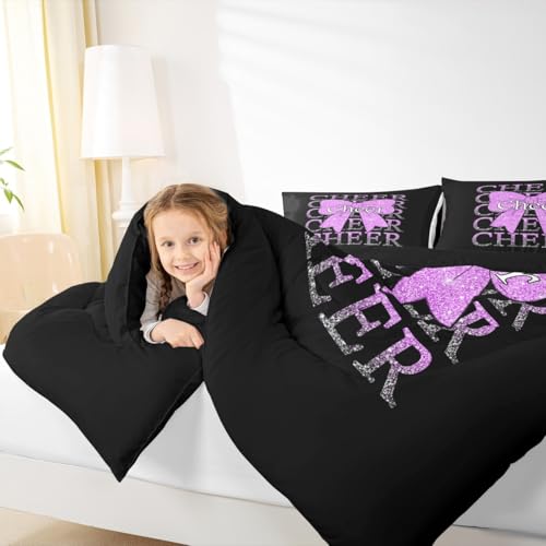 Image of Feelyou Cheer Bow Kids Comforter Set Full Size Cheerleading Bedding Set Funny Sport Duvet Quilt for Kids Boys Girls Bedroom Purple Decor Microfiber Ultra Soft Breathable