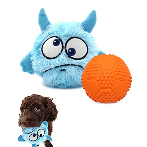 Enjoying Dog Interactive Toys 2-in-1 Dog Plush Squeaky Small Balls Pet Toys Halloween Xmas for Small Medium Large Dogs Blue Monster