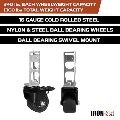 Image of Iron Forge Tools Rolling Storage Rack Caster Wheels Heavy Duty - Set of 4 Locking Caster 3 Inch 1360 lb. Capacity for Boltless Self Locking Shelving Racks, Nylon and Steel Ball Bearing Wheels