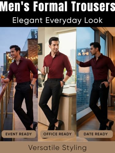 Image of GRECIILOOKS Men's Formal Cotton Blend Trousers, Slim Fit Office Wear Pants with Button Closure, Wrinkle Resistant Smart Casual Workwear Bottoms