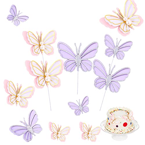 DYWW Schmetterling Kuchen Deko Schmetterling Cupcake Topper Cake Topper Schmetterling Tortendeko Schmetterling Fein Schmetterling Kuchen Deko für Geburtstag Party,Babyparty(Rosa, Lila, 12 Stück) Cover