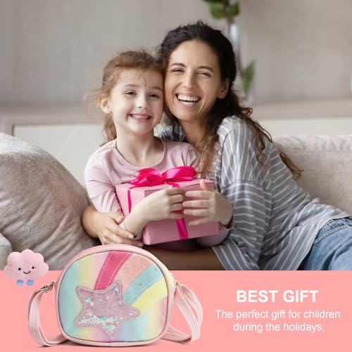 UOCAI Kinder Umhängetasche Mädchen Handtasche mit Glitzerstern Rosa AnhängerVerstellbarer Schultergurt, Niedliche Crossbody Tasche für Mädchen 3–10 Jahre Geschenk für Geburtstag, Kindergarten, Reise