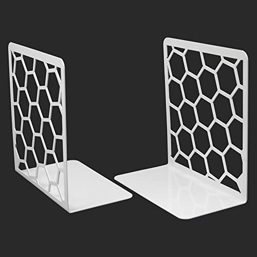 Image of Spillbox Metal Non Slip Bookends Book Shelves | Shelf | Study Table | Home Decor | Holders | Case | Bracket | Stand | Heavy Duty | Set | Book Ends for Office, Home - White Hexagon