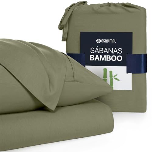 El Mejor Listado de Sabanas para Cama Matrimonial Top 10. 46 ESQUIMAL - Juego de Sábanas de Fibras de Bambú y Microfibra Extra Suaves y Frescas, Cubre Colchones de hasta 40 cms de Alto - Bamboo Sheet (Verde Olivo, Matrimonial)