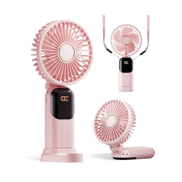 Portable Fan, 4200mAh Battery Operated Fan, 5 Speeds&Digital Display, Makeup Fans for Women with Base, 180°Foldable 3in1 Handheld/Neck/Desk Fan for Outdoor Indoor,Ultra Quiet (Pink)