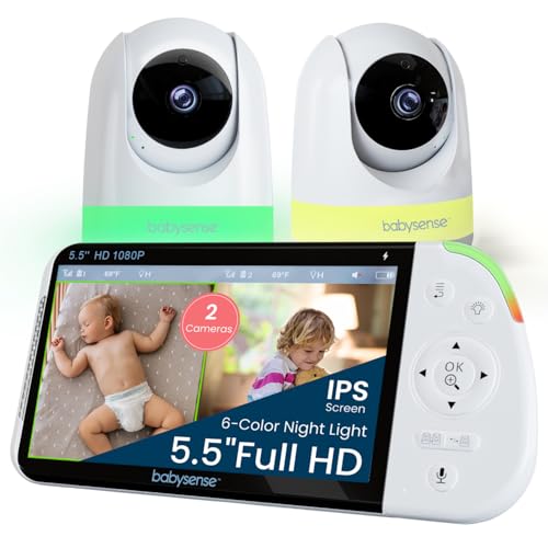 Babysense Full HD 5.5' Split Screen Baby Monitor with 2 Cameras, 6-Color Night Light, White Noise, Sound & Light Machine, 20-Hour Battery, Hack-Proof Non-WiFi Secure Connection