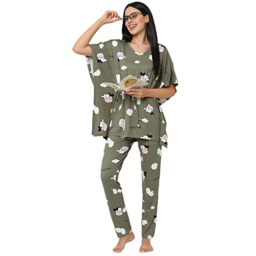Image of Sweet Dreams Women Printed V-Neck Flared Sleeve Poly Brush Kaftaan & Pyjama Set