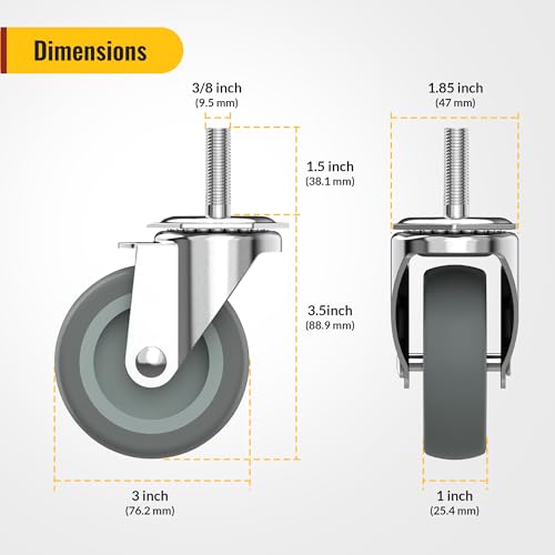 holkie caster wheels 3 inch with no brake stem casters 3834 -16 x 1-1234 stem diameter 3834 stem length 1-1234 threaded swivel casters set of 4 heavy duty castors grey