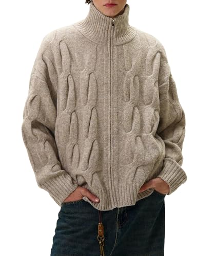Cable Knit Zip Up Cardigan Turtleneck Sweaters Unisex Open Front Zipper Oversized Sweater4