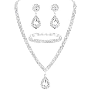 AWAVM Bridal Jewellery Set for Wedding Prom Costume Jewelry Set Rhinestone Crystal Choker Necklace Bracelet Drop Dangle Earrings Set for Bride Women and Girls