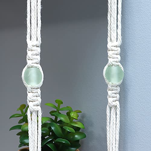 Macrame Bamboo Sea Glass Hanging Shelf For Wall - 2 Tier With Beads - Unique Woven Boho Home Organizer Decor, Floating Storage For Small Plants, Handmade Cotton Rope For Bedroom, Living Room, Bathroom #TOP3