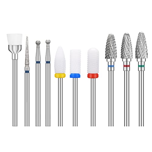 10 piezas de brocas de uñas para uñas acrílicas, carburo de tungsteno profesional y juego de brocas de cerámica de 3/32 para uñas para quitar cutículas de uñas de gel grabadas Cover
