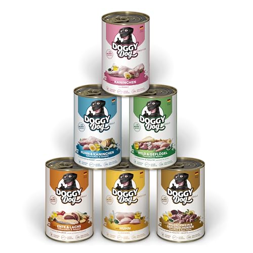DOGGY Dog Paté Mix 2, 6 x 400 g, Nassfutter für Hunde im Probierpaket, getreidefreies Hundefutter mit Lachsöl und Grünlippmuschel, Alleinfuttermittel mit hohem Fleischanteil, Made in Germany