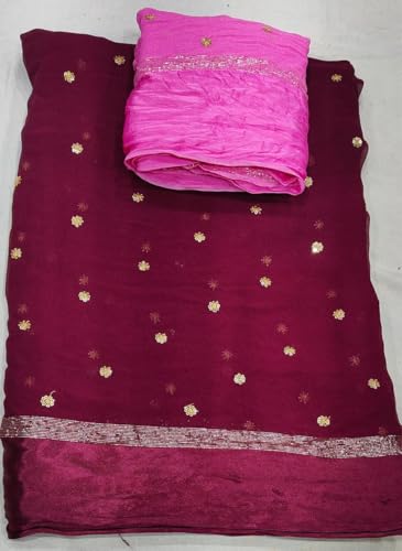 Image of Pure Georgette Sequence Work Saree with Contrast Blouse, Satan Patta Fabric