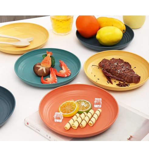 Image of Unbreakable Wheat Straw Dinner Plates for Camping, Salad, Kitchen, Dessert, Fruit, Cakes, Pizza, Housewarming, Thanksgiving, Noodles, Ice Cream Dishwasher Safe (20cm+23cm, Green, Pack of 6)