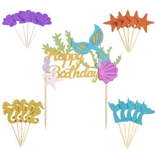 Ensemble de décorations de gâteau sirène à paillettes - 1 lot de décorations de gâteau d'anniversaire + 20 décorations de cupcakes pour fête prénatale et fête d'anniversaire Cover