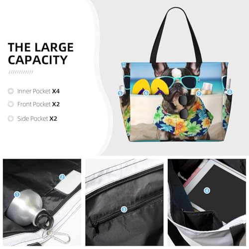 Beach Bags For Women Large Waterproof Sandproof Beach Tote Bag Lightweight Zipper Carry On Bag French Bulldog Summer Pool Bag For Gym Travel Vocation3