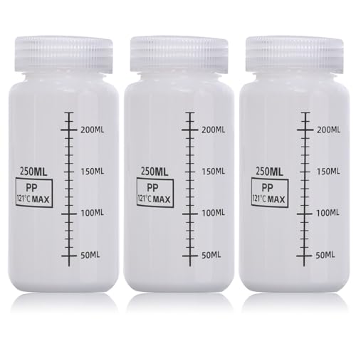 DKBT 3 Stück Weithalsflasche mit Skalierung 250ml Kunststoff Flasche Plastikflaschen Leere Laborflasche Auslaufsicher Durchscheinend aus HDPE-Flasche für Pillenflaschen Wasserprobenflaschen