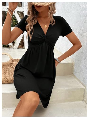 SOLY HUX Women's Twist Front V Neck Short Sleeve Dress A Line Casual Short Dresses4