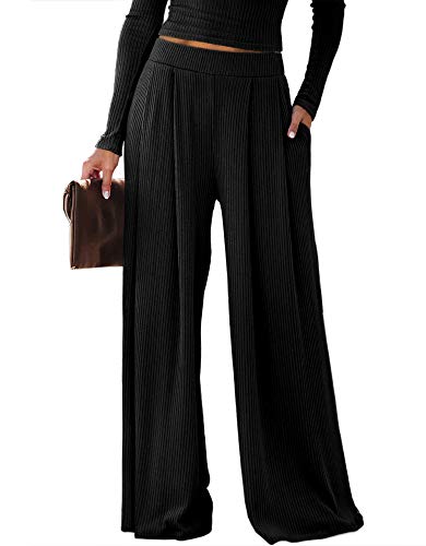 imesrun Womens Pleated Palazzo Pants Stretchy Wide Leg Ribbed Lounge Pants with Pockets Black XL