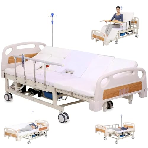 Falluk Medical Nursing Updated Full Electric Hospital ICU Bed for Home Use, with 3 Adjustable Features, with Remote Control, Individual Locking, IV Pole, Mattress, Quiet Wheels, Dining Table Board